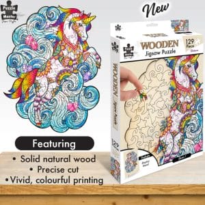 wooden unicorn jigsaw puzzle with shaped pieces