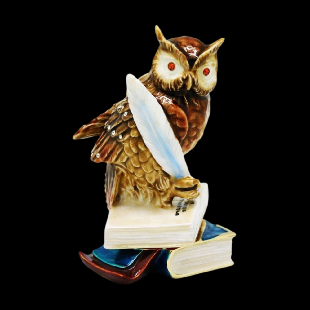 Deva Owl on Books jewelled enamel trinket box