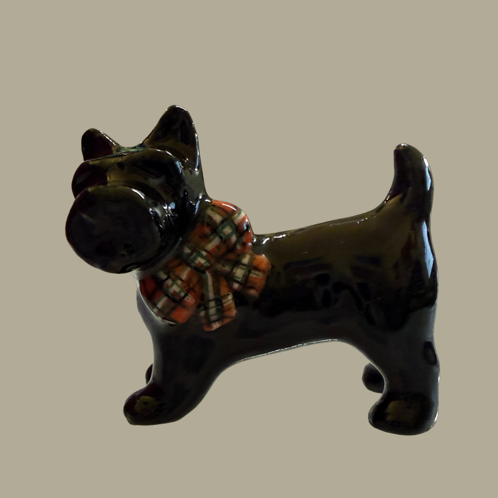 TMT Imports black Scottie dog ceramic figurine with tartan bow