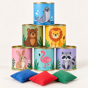 BS Toys Tin Throwing Wildlife game with six animal tins and throwing bags