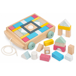 Bigjigs wooden pull-along brick cart with colourful building blocks