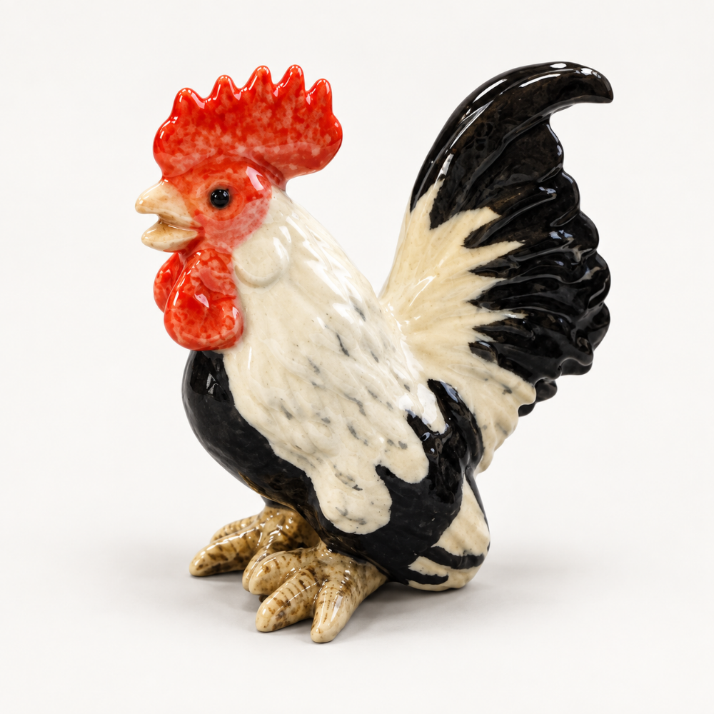 Image ALT Text: TMT Imports black and white rooster ceramic figurine with red comb