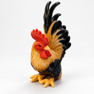 TMT Imports ceramic rooster figurine with red comb and dark tail feathers