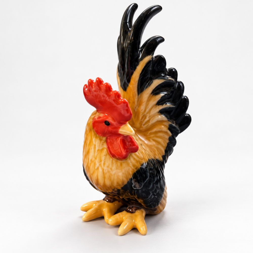 TMT Imports ceramic rooster figurine with red comb and dark tail feathers