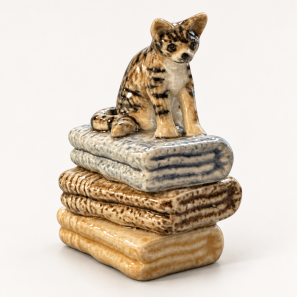 TMT Imports ceramic cat figurine sitting on folded blankets