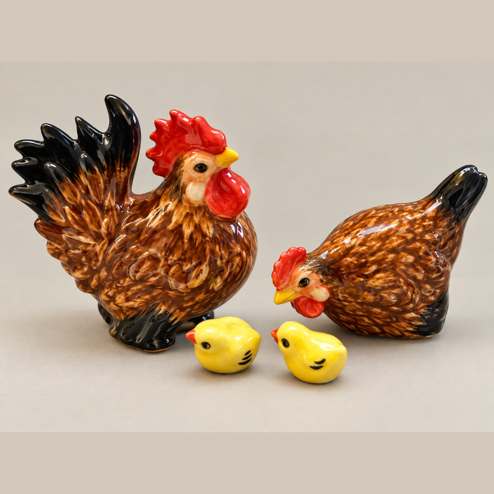 TMT Imports ceramic chicken family with cockerel, hen and two chicks
