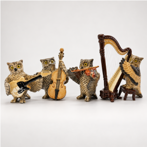 TMT Imports musical quartet owl ceramic figurine set with guitar violin double bass and harp