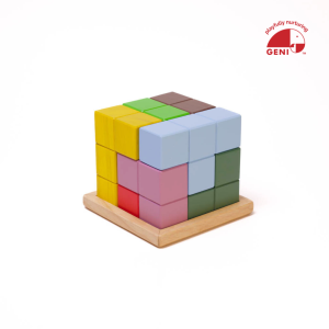 Geni Toys Challenge Cube with seven colourful wooden puzzle blocks and base