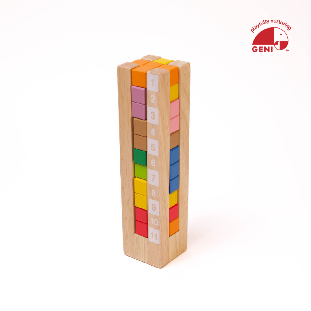 Geni Toys Packer Stacker tower with colourful wooden puzzle blocks