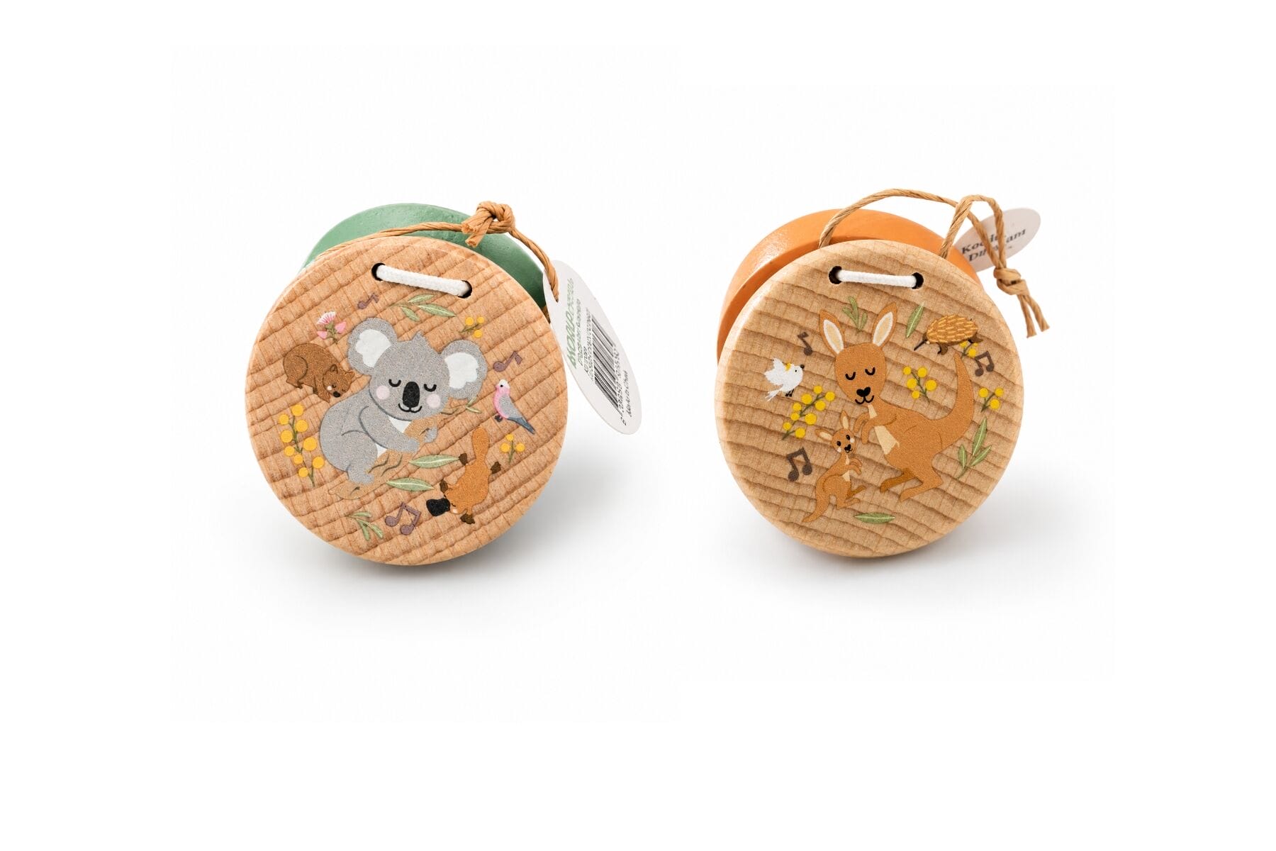 Koala Dream Aussie Buddies wooden castanets showing koala and kangaroo designs
